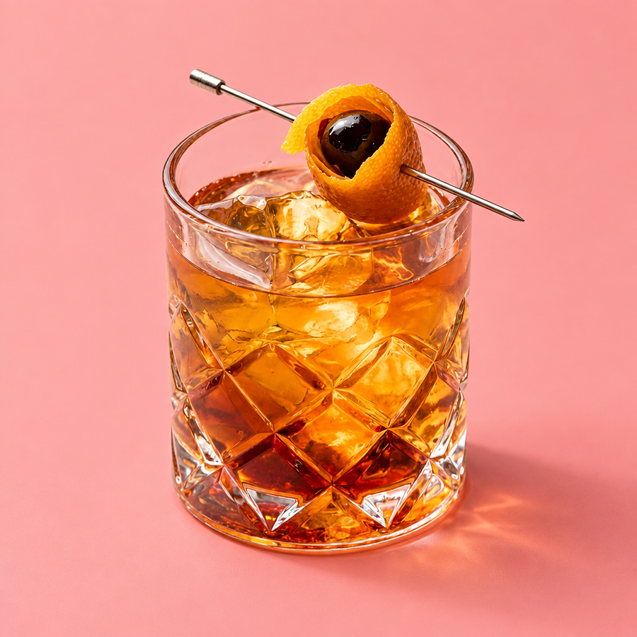 Old fashioned cocktail with an orange peel and cherry