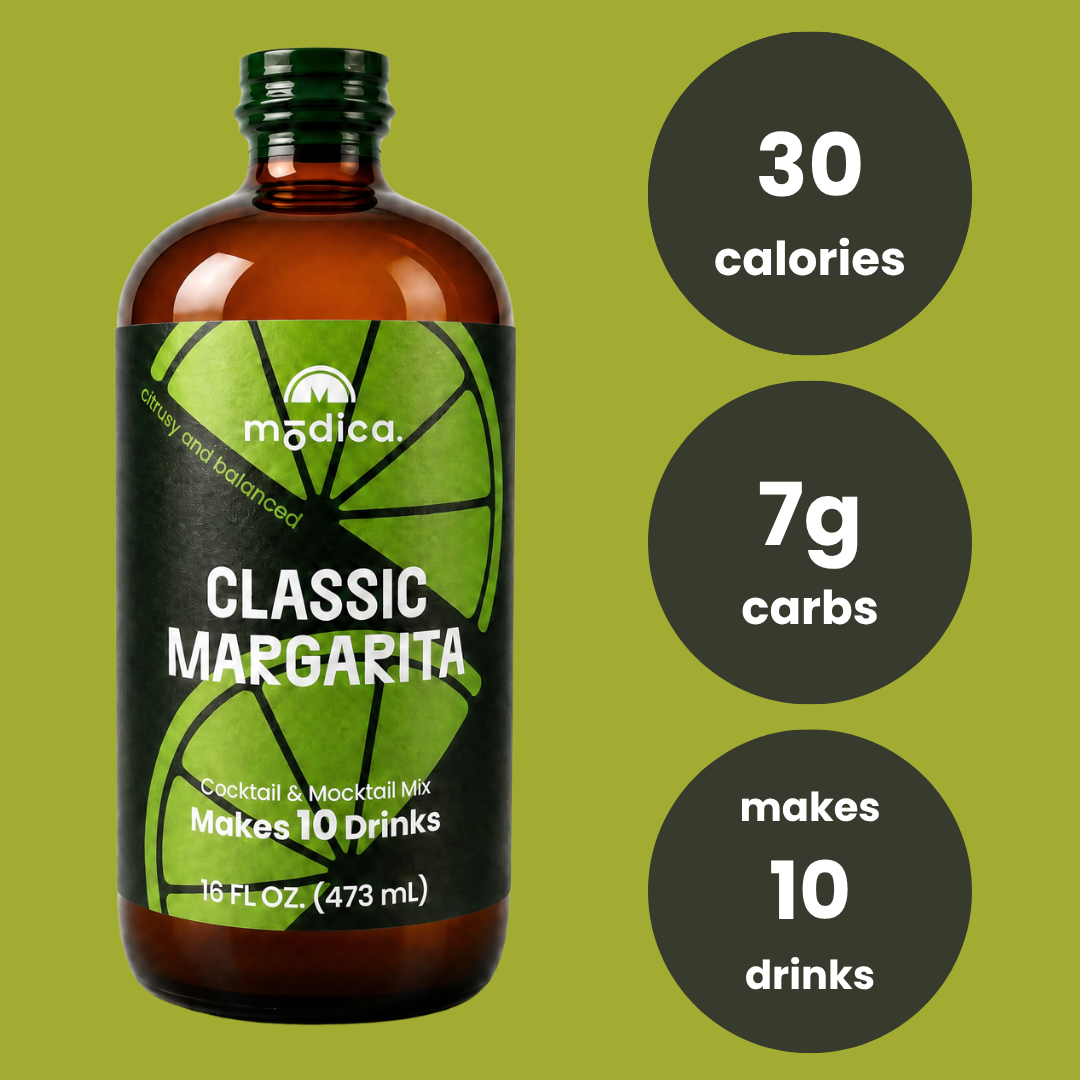 bottle of modica classic margarita mix with nutritional information on a green background