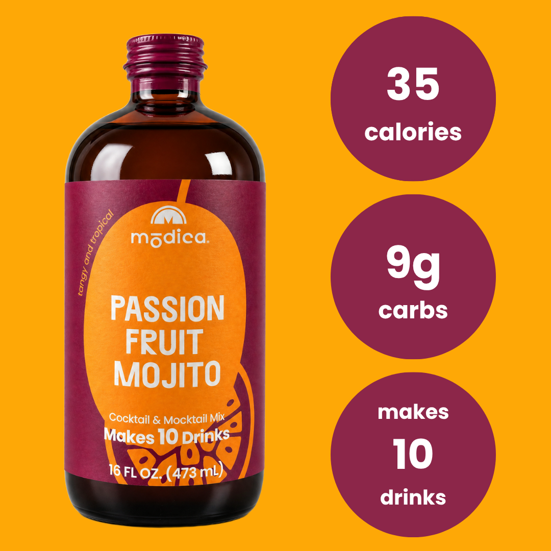 bottle of passion fruit mojito mix with nutritional information on an orange background
