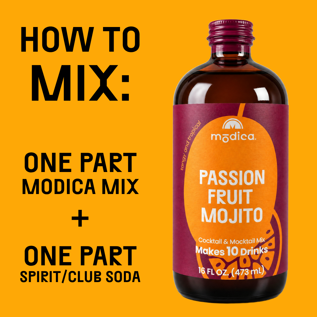 modica passion fruit mojito mix bottle with mixing instructions on a yellow background