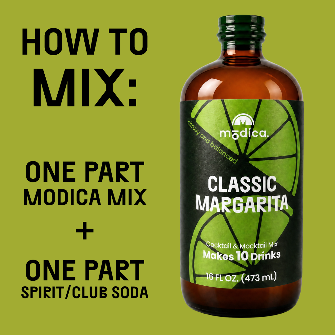 modica classic margarita mix bottle with mixing instructions on a green background