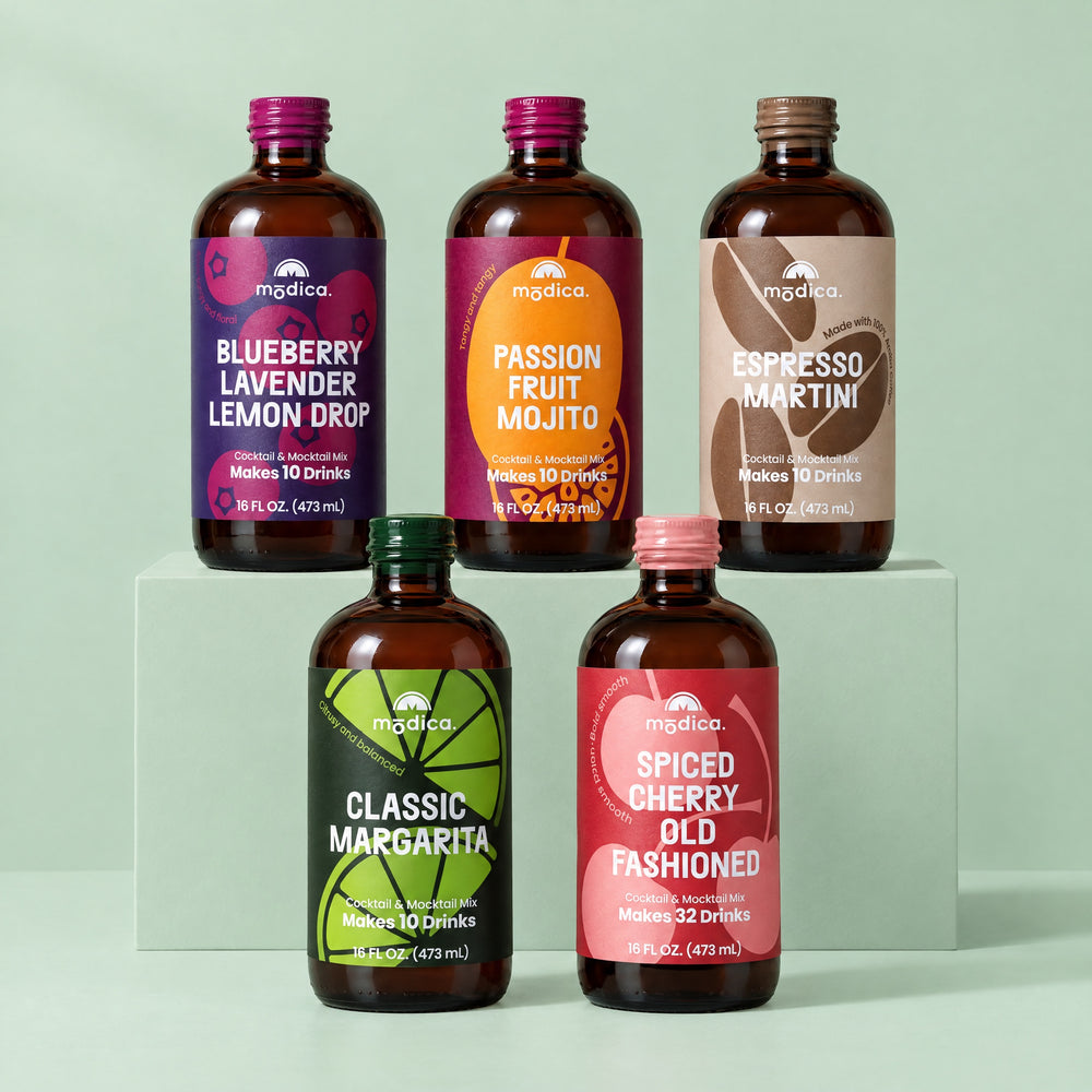 Modica Bestseller Pack: five mixer bottles, Blueberry Lavender Lemon Drop, Passionfruit Mojito, Espresso Martini, Classic Margarita and Spiced Cherry Old Fashioned